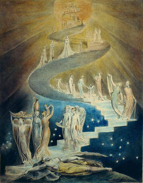 sogno della scala di Giacobbe: una scala sale verso il cielo, con angeli che salgono e scendono