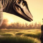 un ragazzo incontra un grande dinosauro, che si china leggermente verso di lui, forse incuriosito.