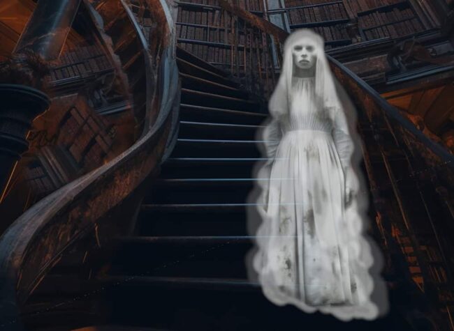 Apparizione di fantasma bianco di donna, semitrasparente